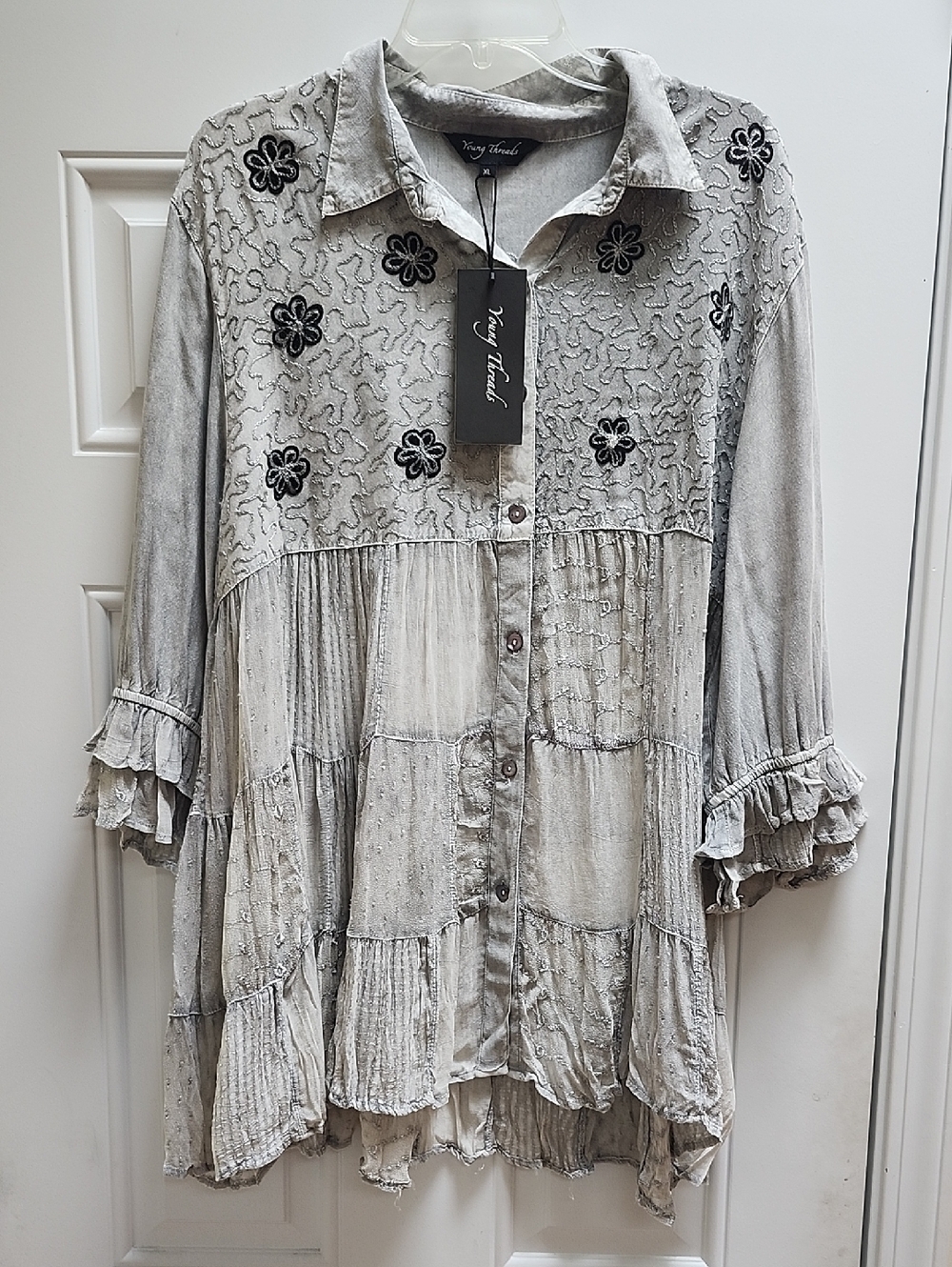 Grey Embroidered Floral Button-Down Tunic